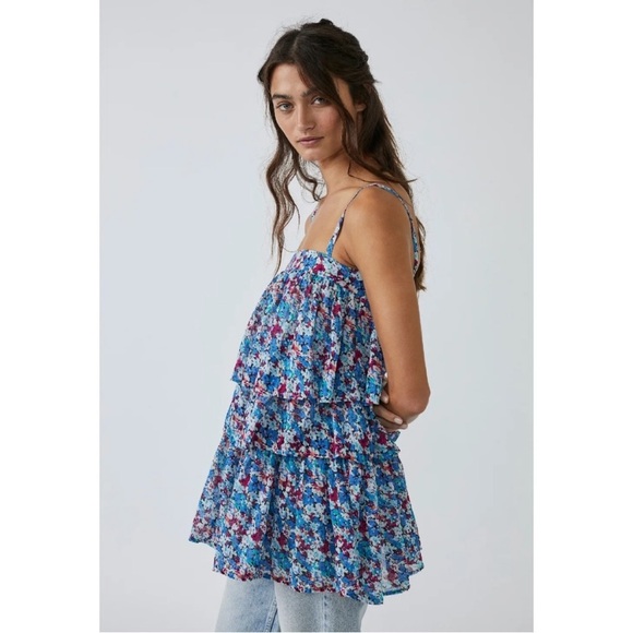 Free People One Talia Tunic Blouse Tiered Ruffle Boho Floral Top size Large - Picture 5 of 16
